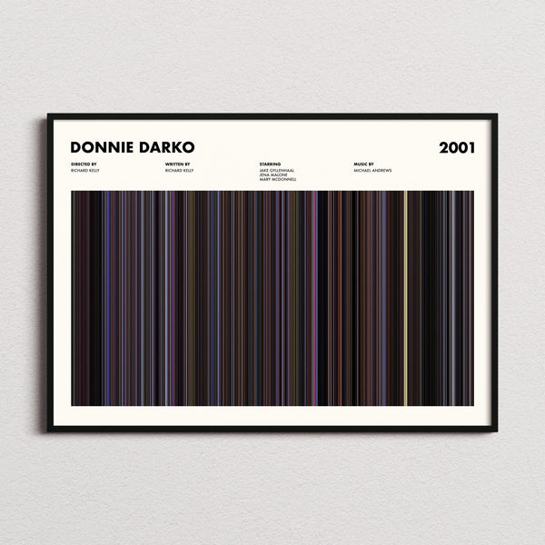 Donnie Darko Movie Barcode Poster framed and photographed straight on