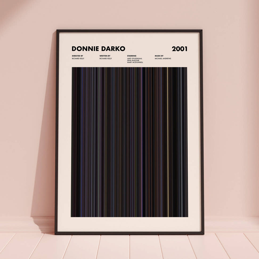 Donnie Darko Movie Barcode Poster framed and leaning against a coloured wall
