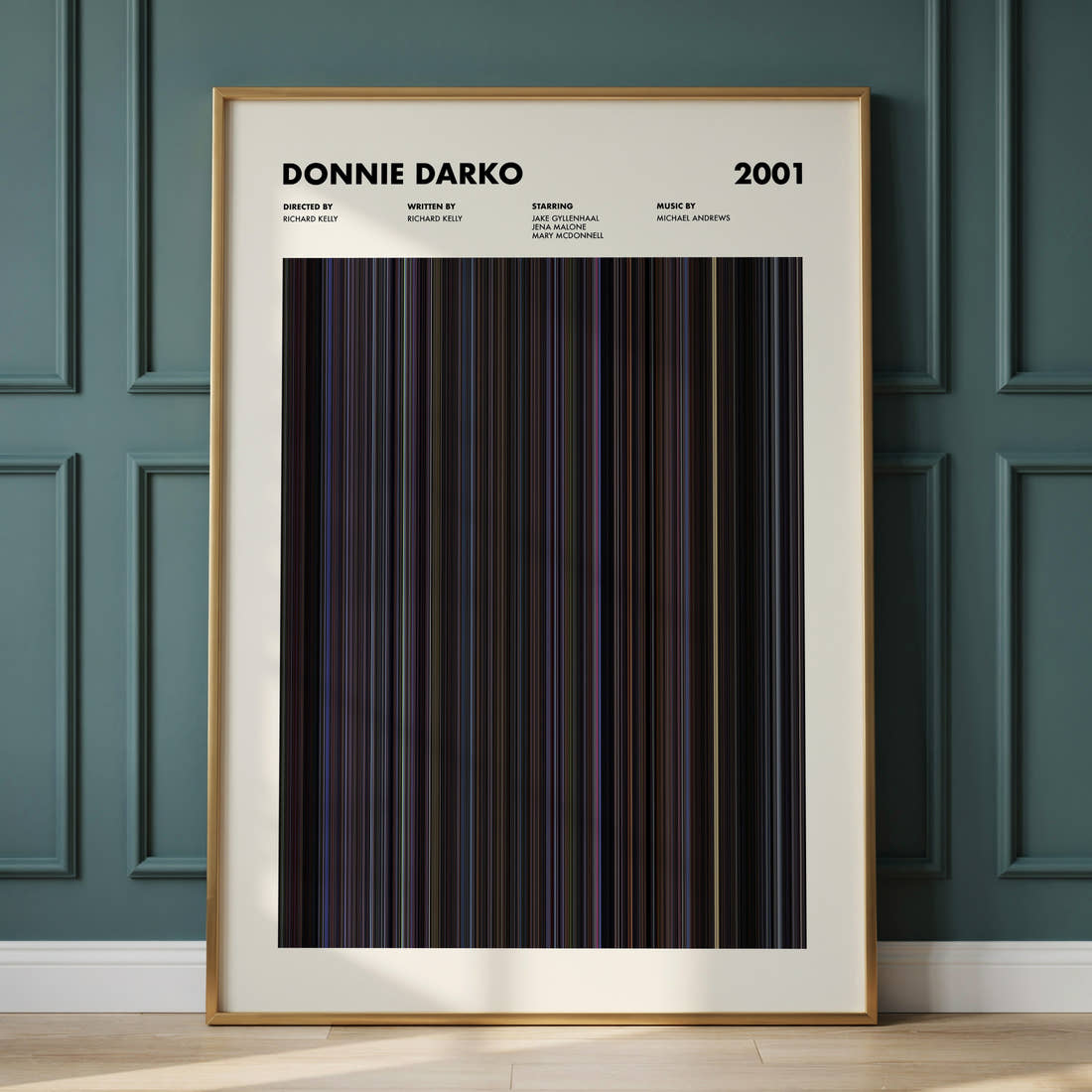 Donnie Darko Movie Barcode Poster framed and leaning against a panelled wall