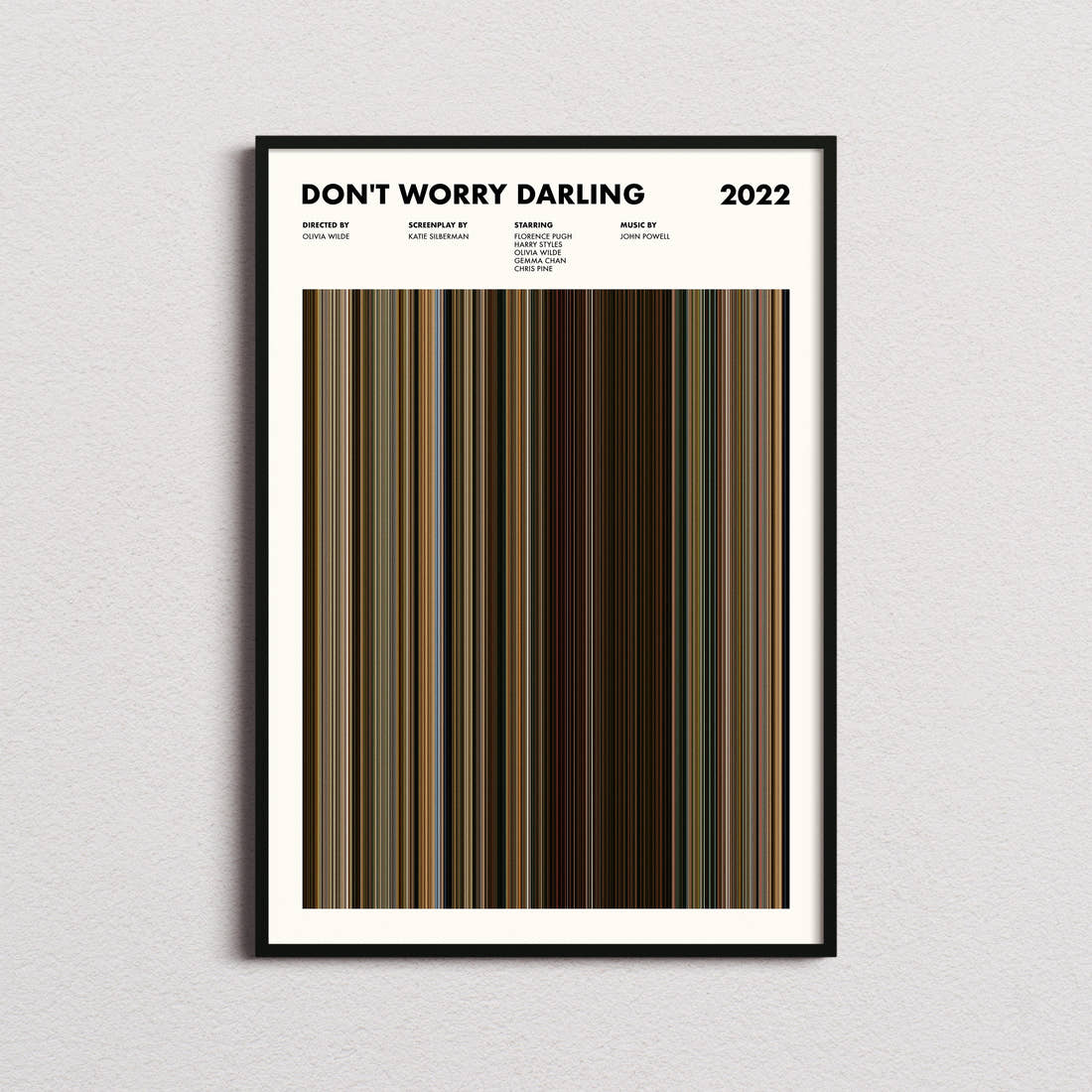 Don't Worry Darling Movie Barcode Poster framed on a plain studio wall