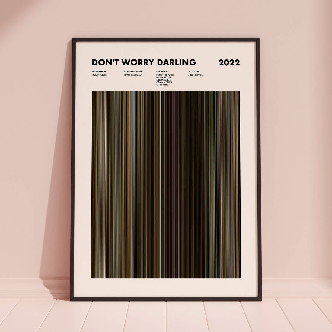 Don't Worry Darling Movie Barcode Poster framed and leaning against a coloured wall