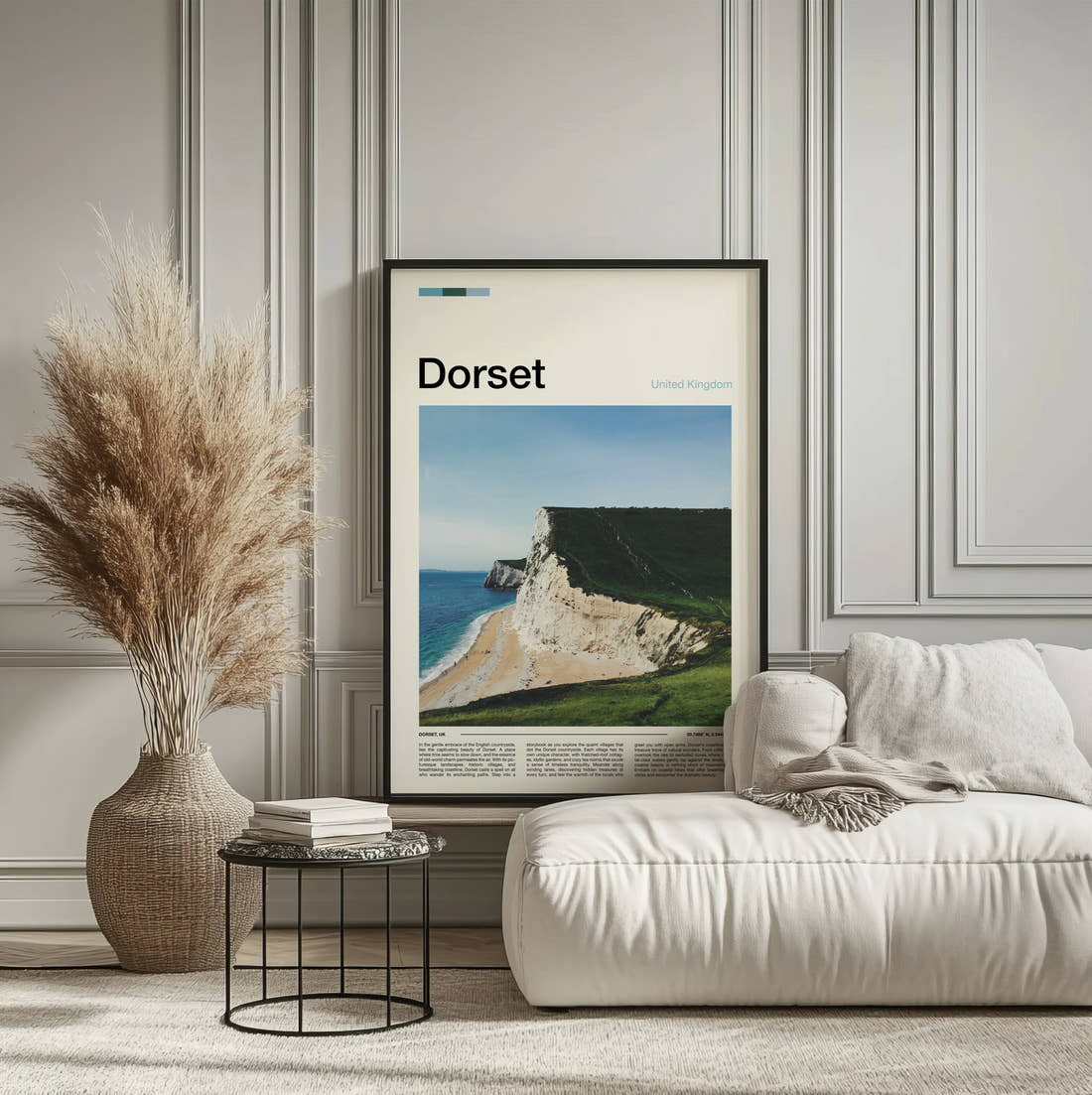 Dorset White Chalk Cliffs Travel Print framed on the wall of a calm, neutral bedroom