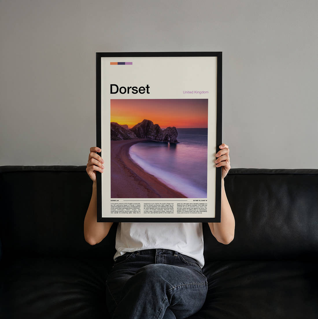 Dorset Durdle Door At Sunset Travel Print held up by hand to show the size of the print