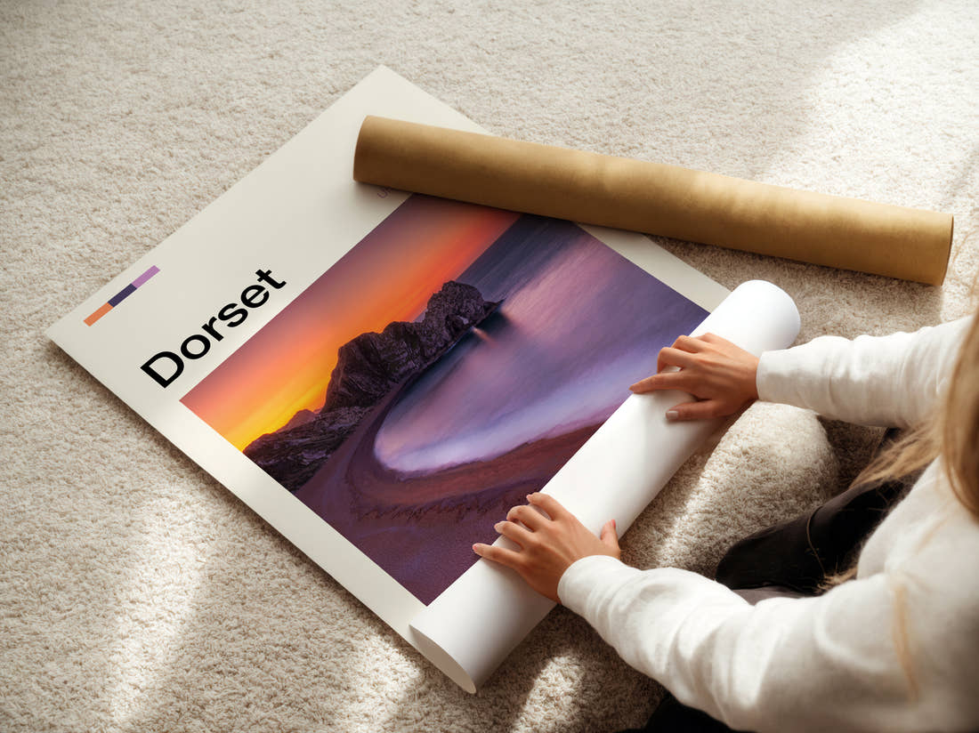 Dorset Durdle Door At Sunset Travel Print being unrolled from its postal tube