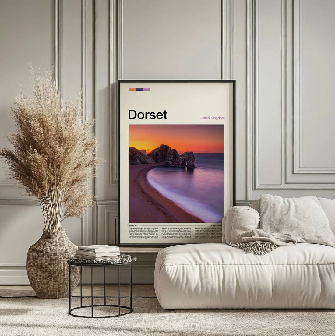 Dorset Durdle Door At Sunset Travel Print framed on the wall of a calm, neutral bedroom