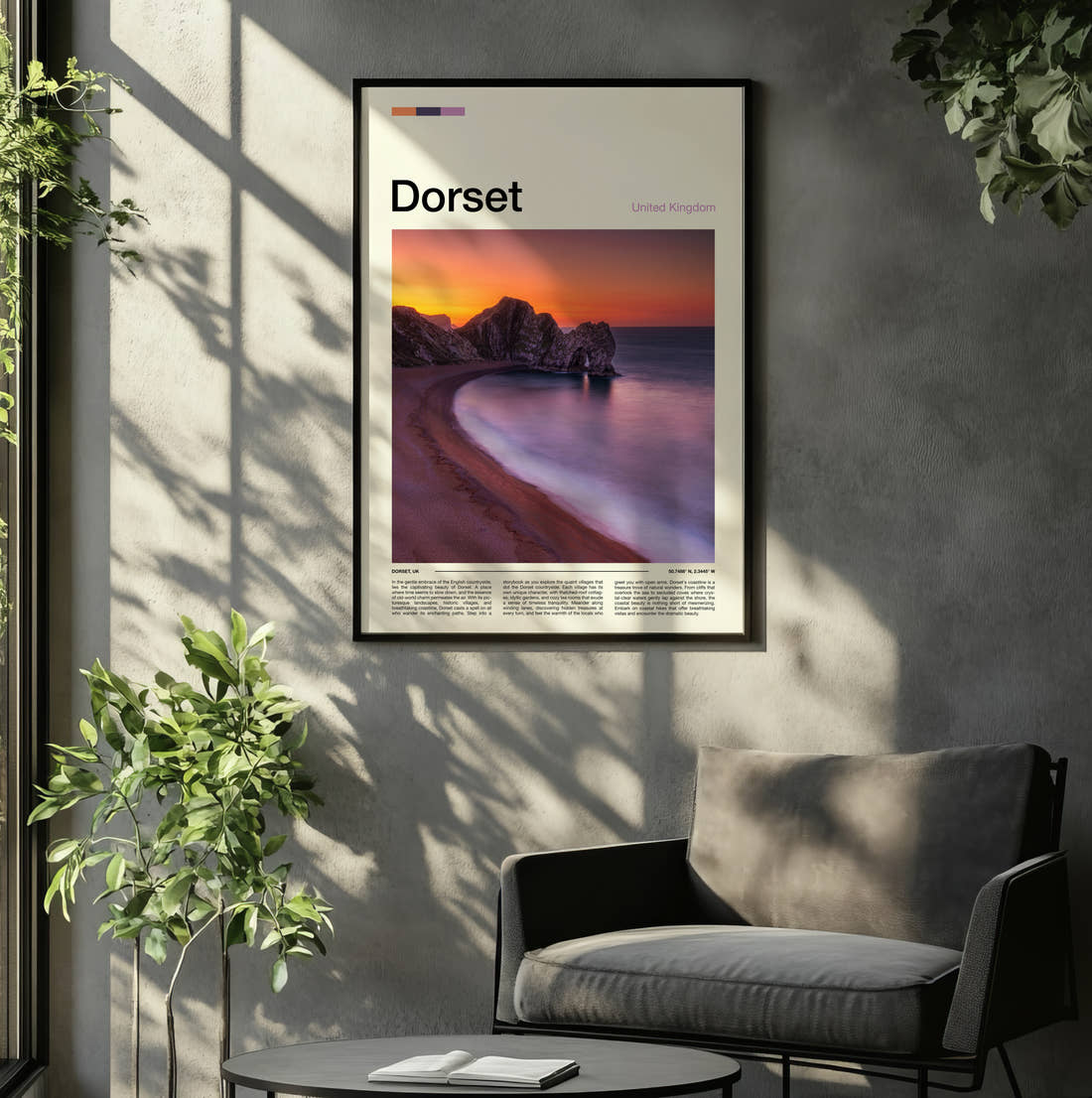 Dorset Durdle Door At Sunset Travel Print framed on the wall of a relaxed living room