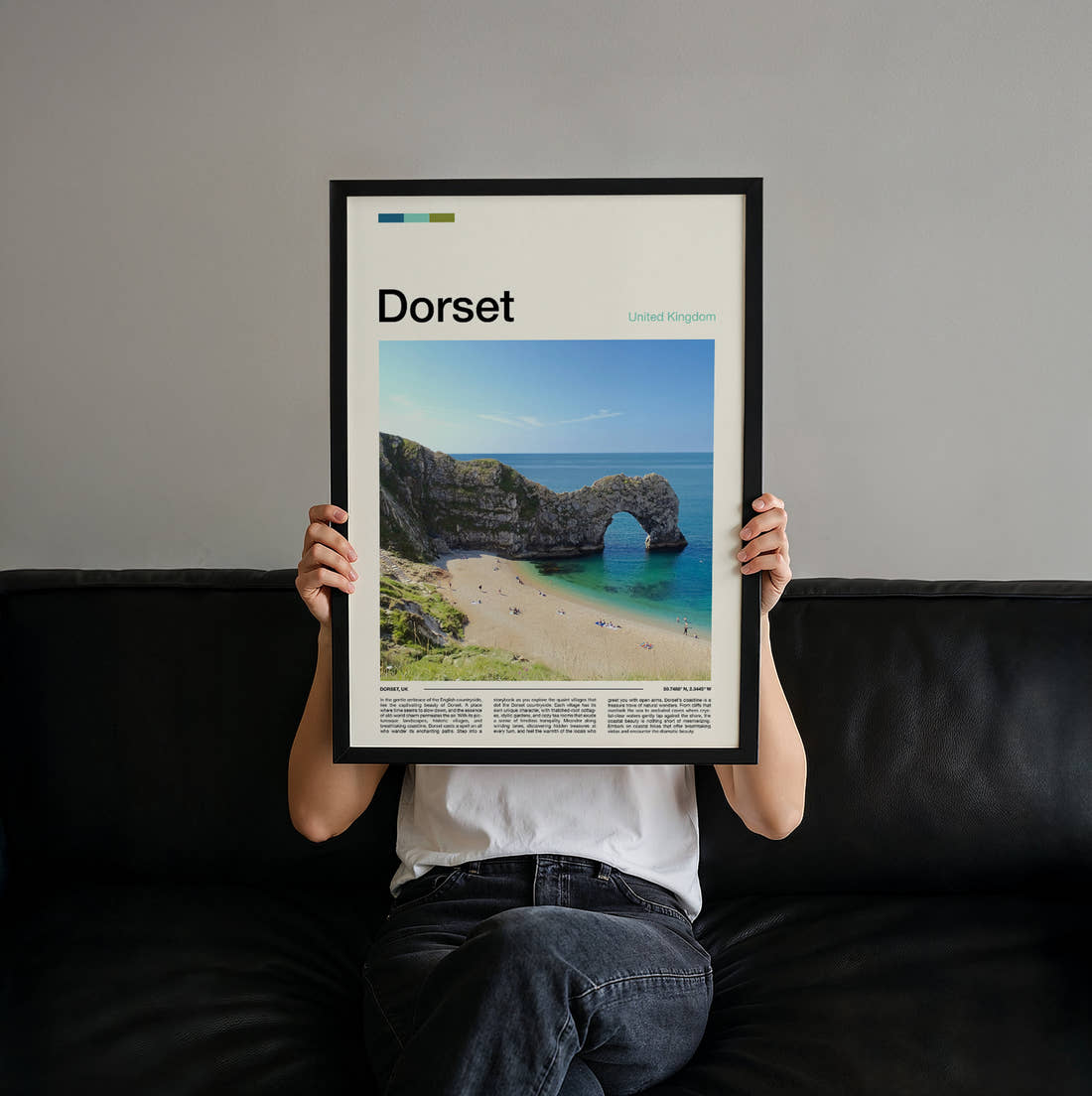 Dorset Durdle Door In Summer Travel Print held up by hand to show the size of the print
