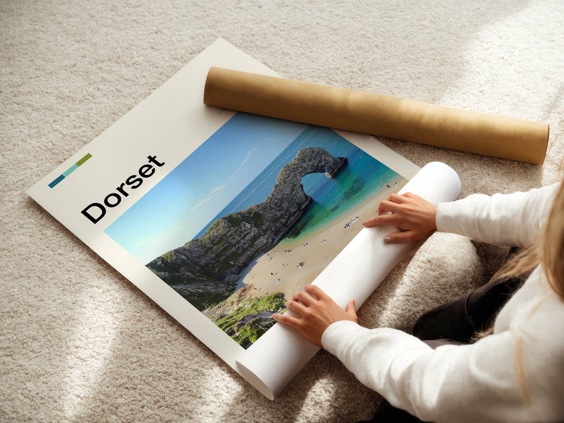 Dorset Durdle Door In Summer Travel Print being unrolled from its postal tube