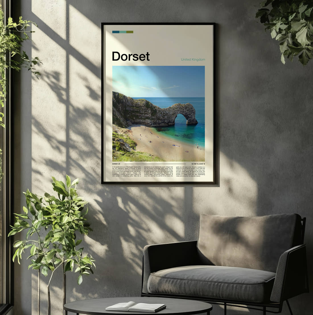 Dorset Durdle Door In Summer Travel Print framed on the wall of a relaxed living room