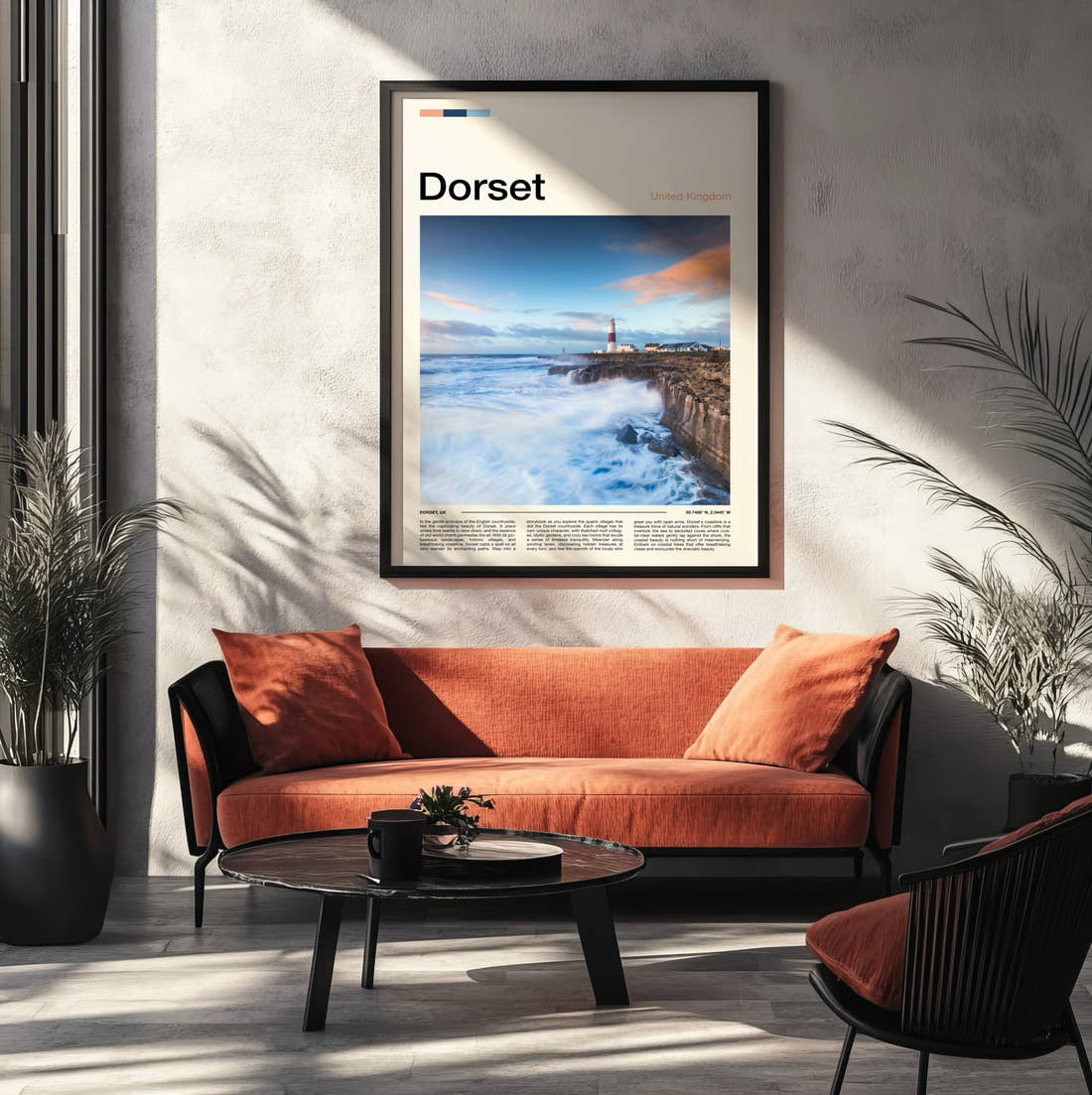 Dorset Lighthouse On The Pier Travel Print framed on the wall of a modern living room