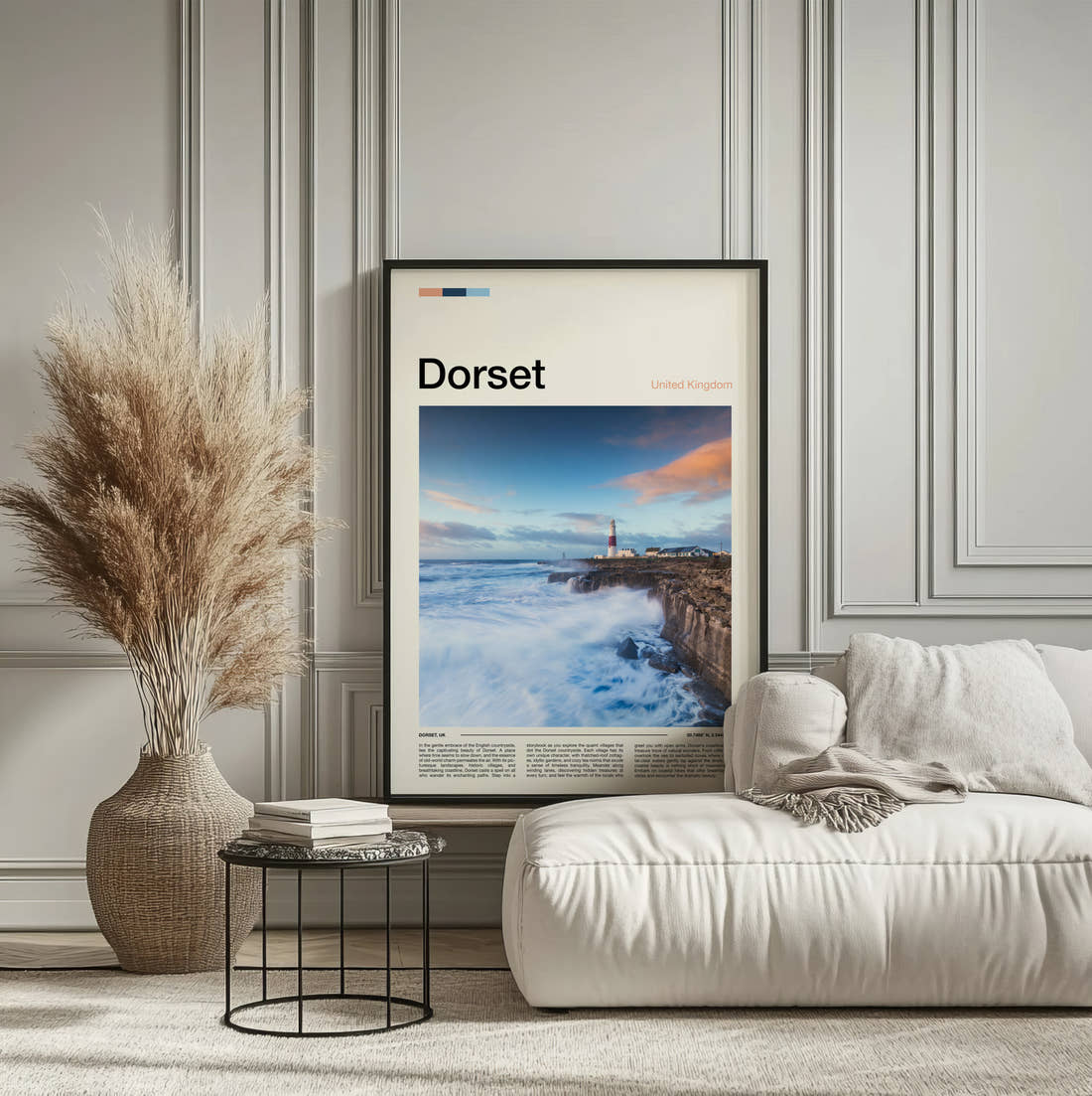 Dorset Lighthouse On The Pier Travel Print framed on the wall of a calm, neutral bedroom
