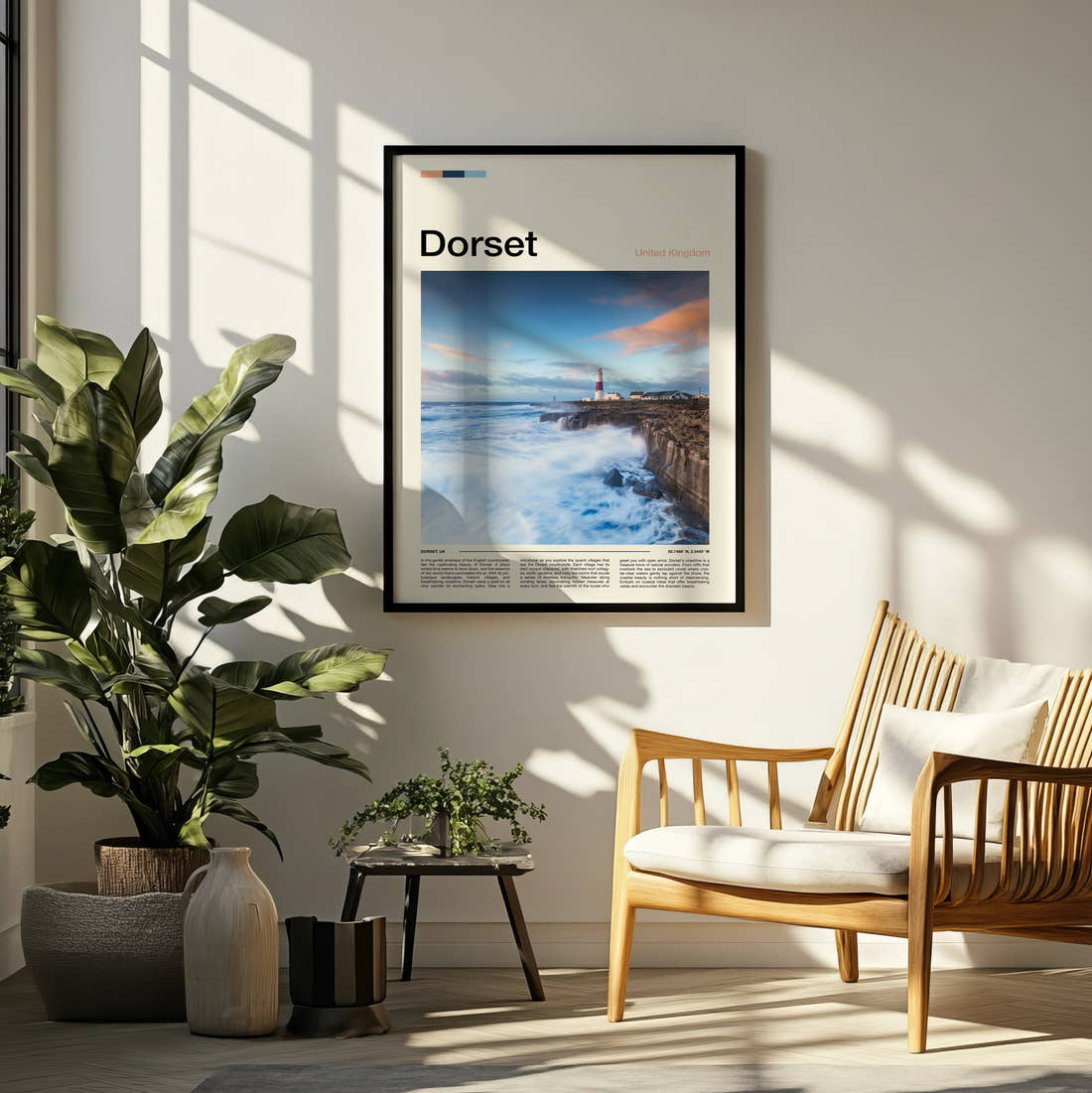 Dorset Lighthouse On The Pier Travel Print framed on a pale wall beside houseplants