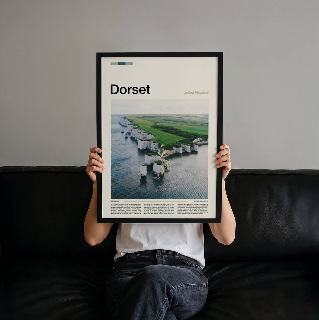 Dorset Old Harry Rocks Travel Print held up by hand to show the size of the print
