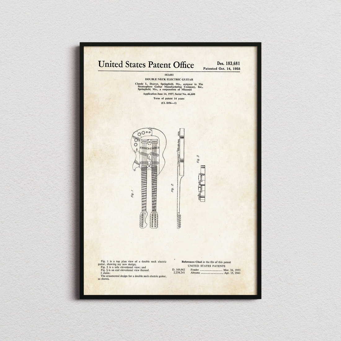 Double Neck Electric Guitar Patent Print in the aged paper colourway, framed