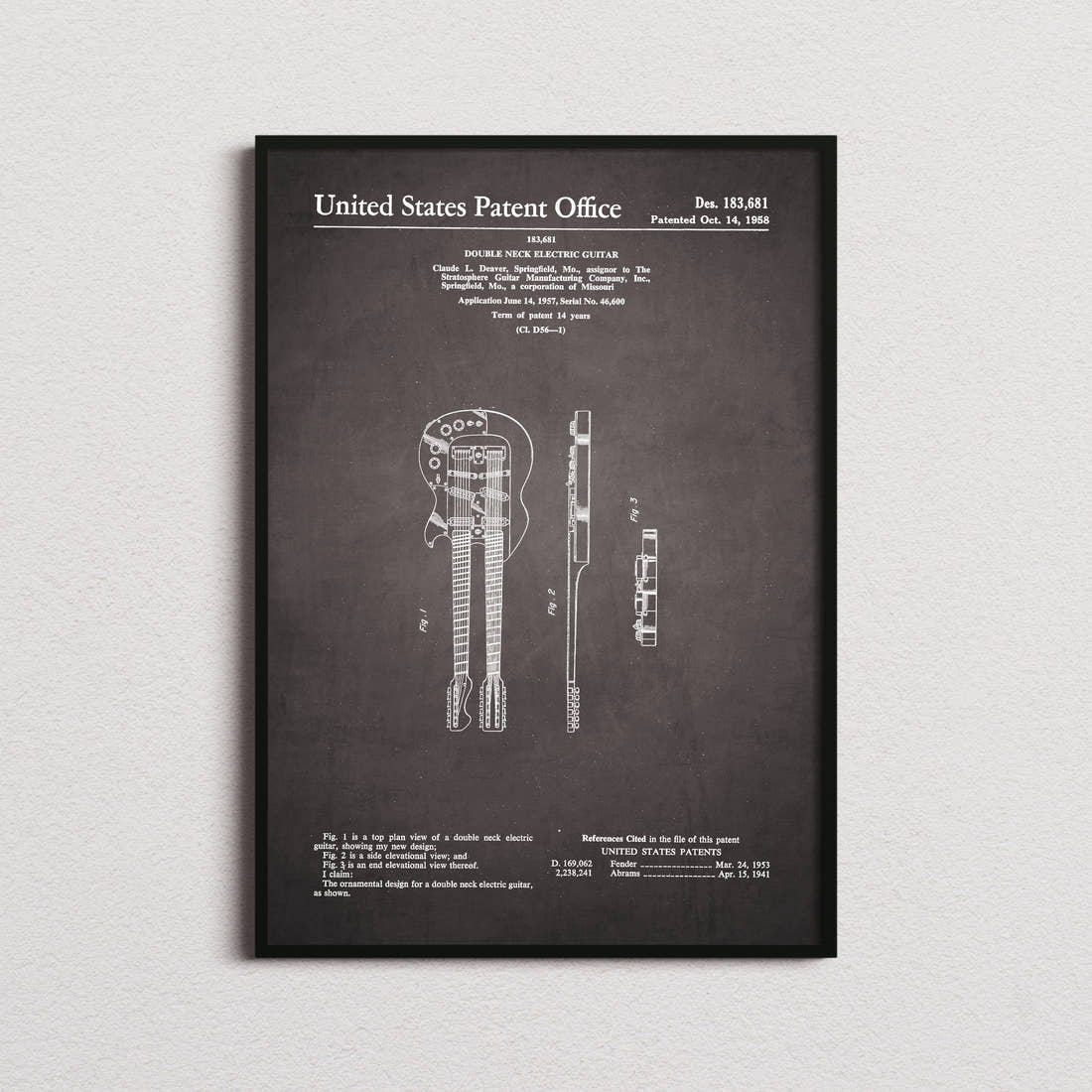 Double Neck Electric Guitar Patent Print in the blackboard colourway, framed