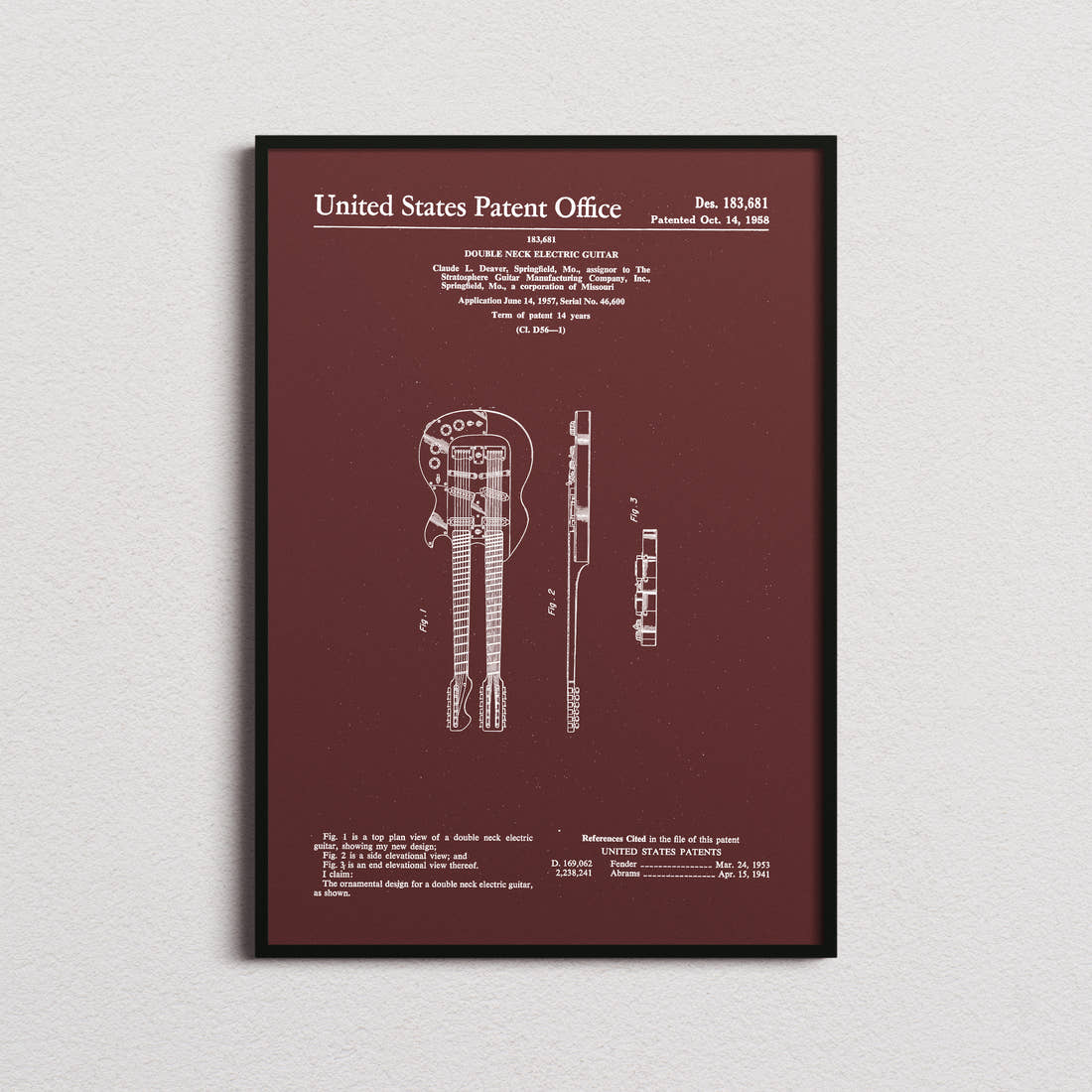 Double Neck Electric Guitar Patent Print in the burgundy colourway, framed