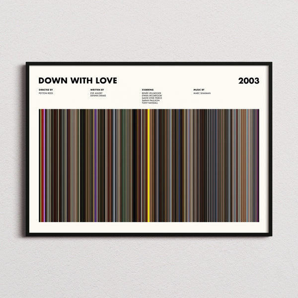 Down With Love Movie Barcode Poster framed and photographed straight on