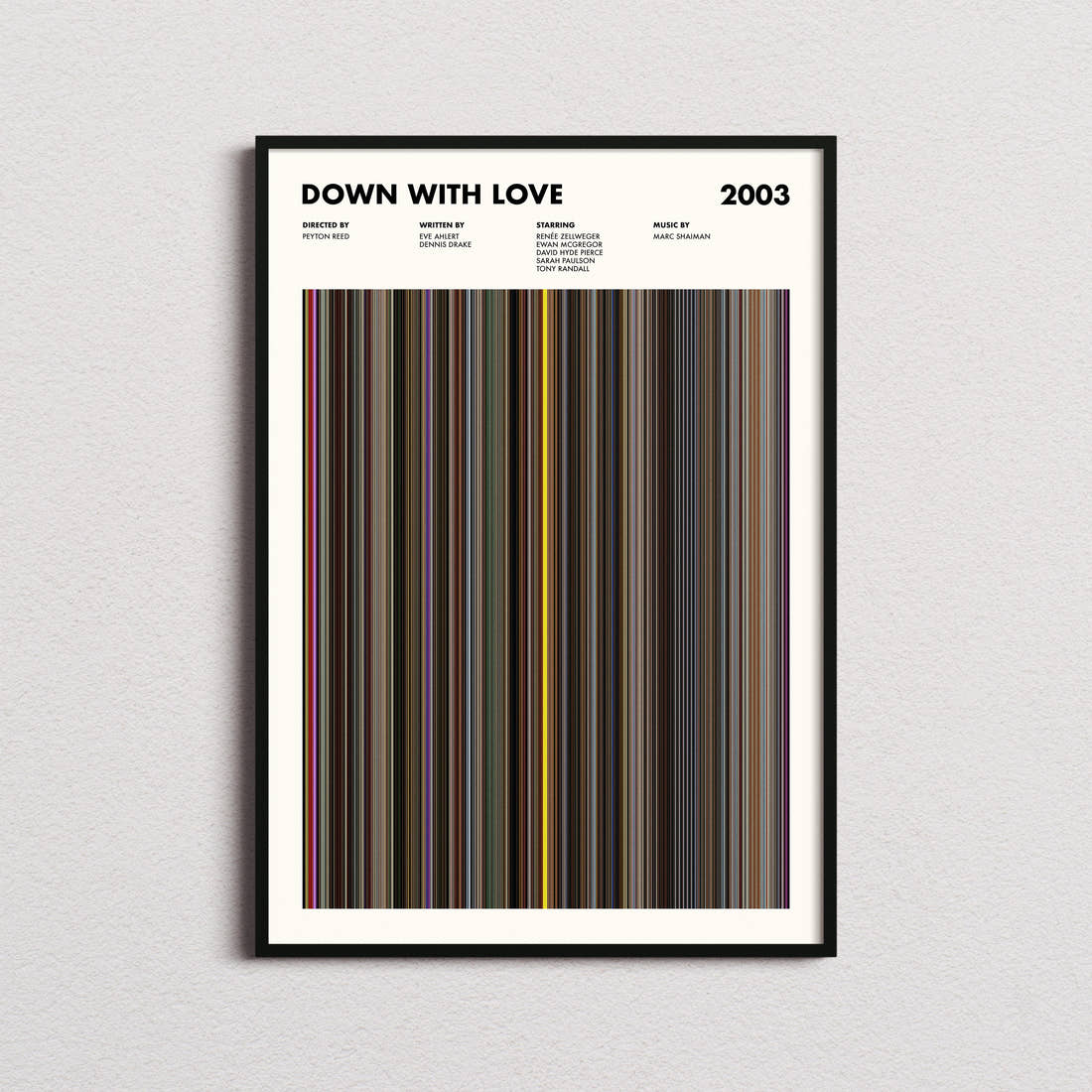 Down With Love Movie Barcode Poster framed on a plain studio wall