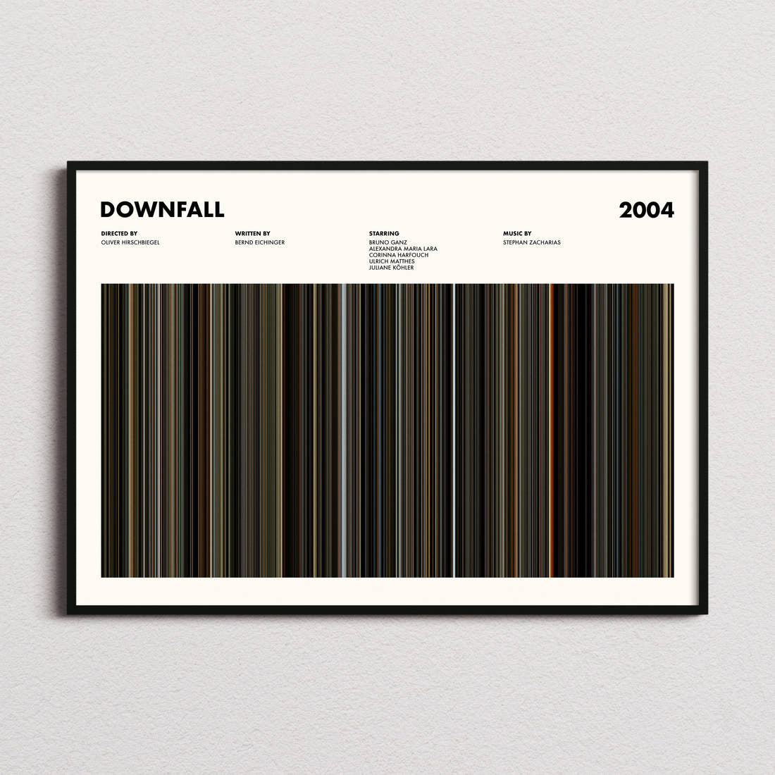 Downfall Movie Barcode Poster framed and photographed straight on