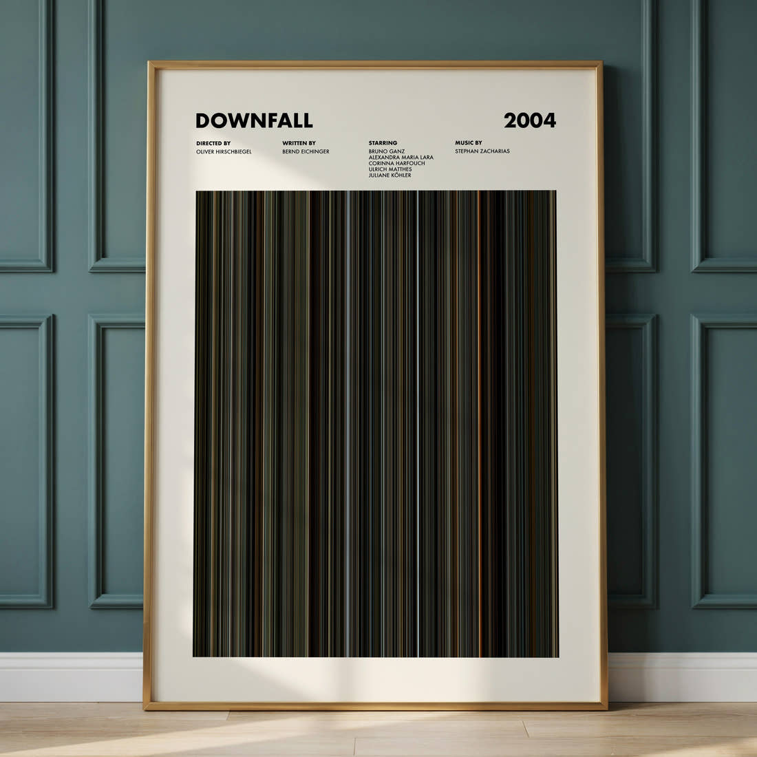 Downfall Movie Barcode Poster framed and leaning against a panelled wall
