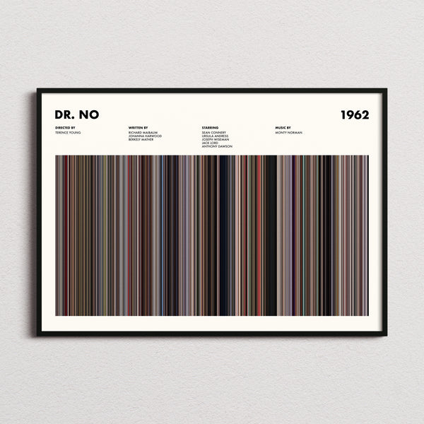 Dr. No Movie Barcode Poster framed and photographed straight on