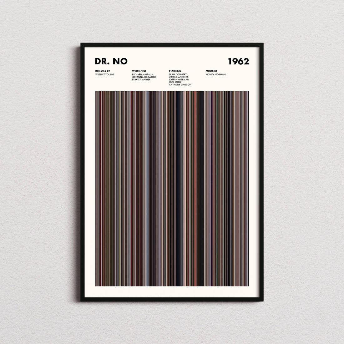 Dr. No Movie Barcode Poster framed on a plain studio wall