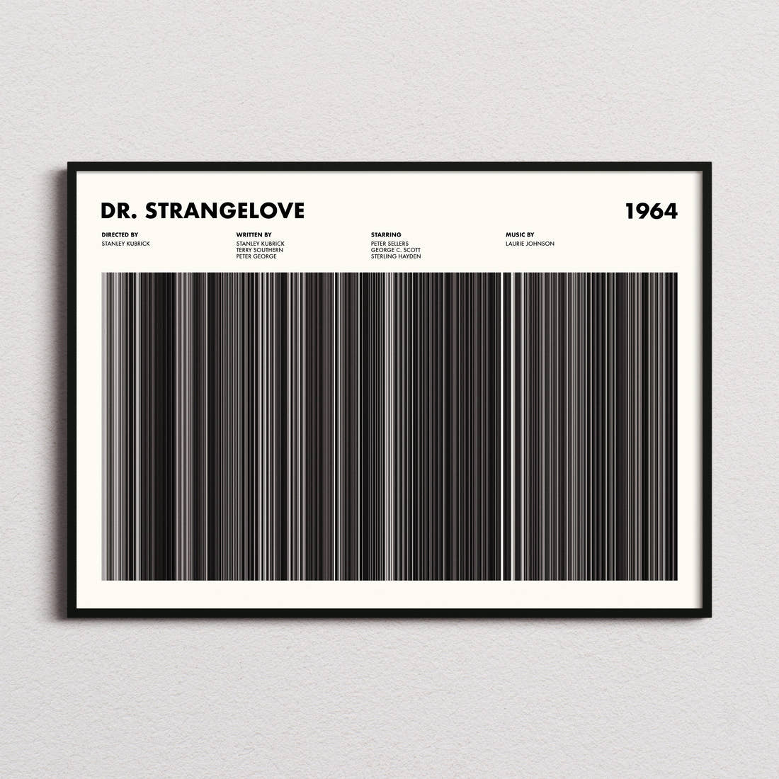 Dr. Strangelove Movie Barcode Poster framed and photographed straight on