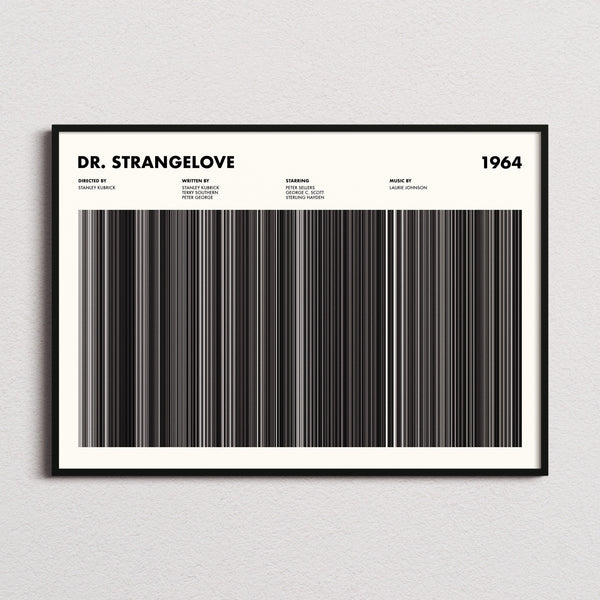 Dr. Strangelove Movie Barcode Poster framed and photographed straight on