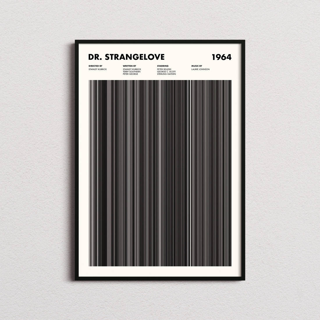 Dr. Strangelove Movie Barcode Poster framed on a plain studio wall