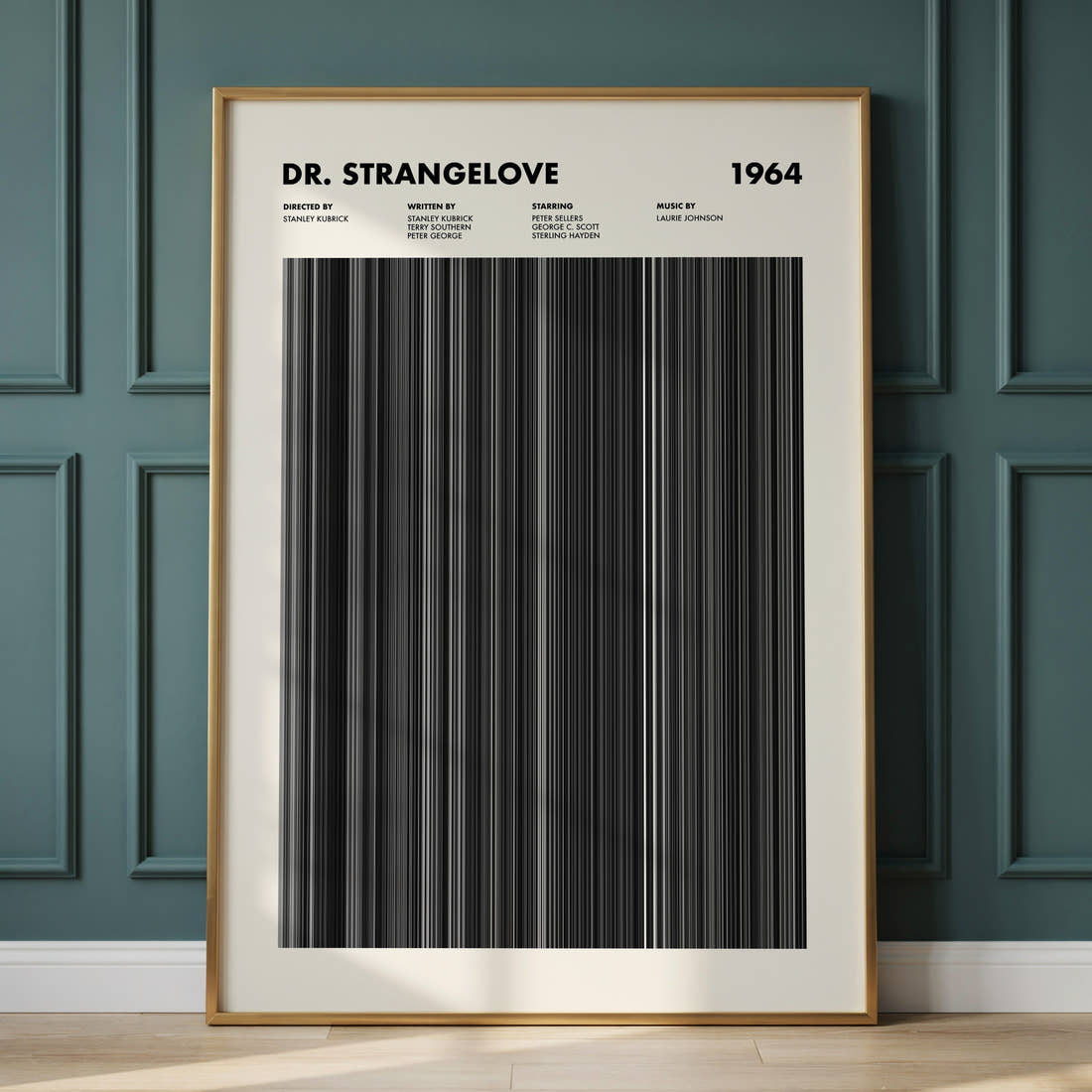Dr. Strangelove Movie Barcode Poster framed and leaning against a panelled wall