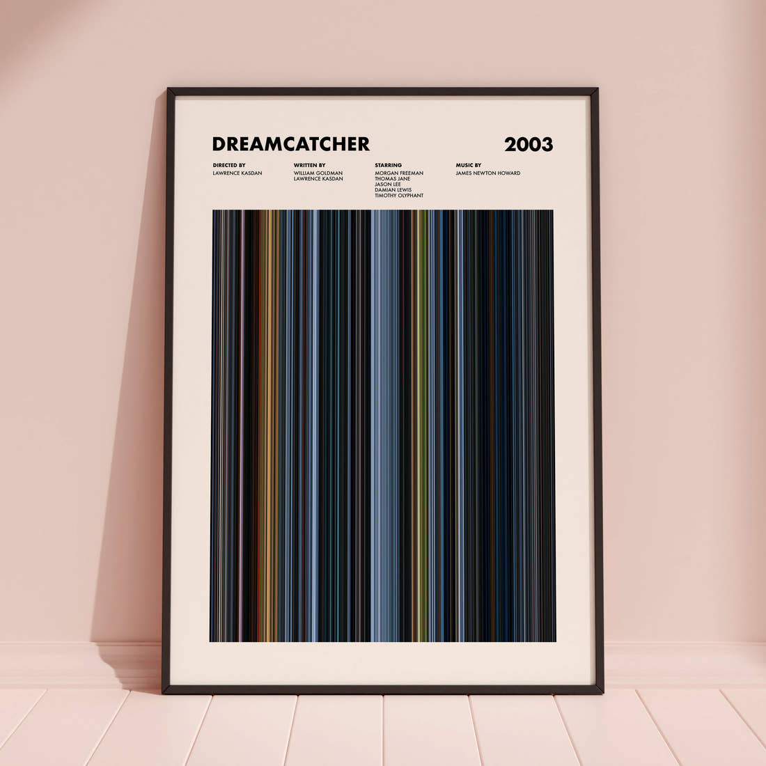 Dreamcatcher Movie Barcode Poster framed and leaning against a coloured wall