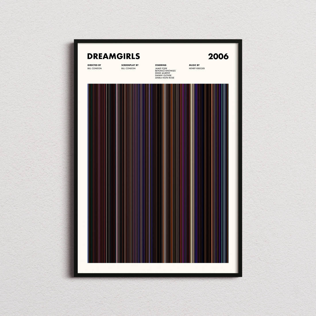 Dreamgirls Movie Barcode Poster framed on a plain studio wall