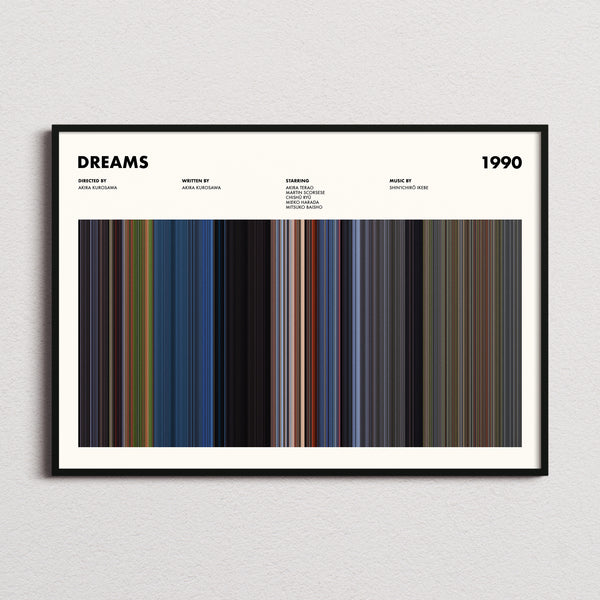 Dreams Movie Barcode Poster framed and photographed straight on