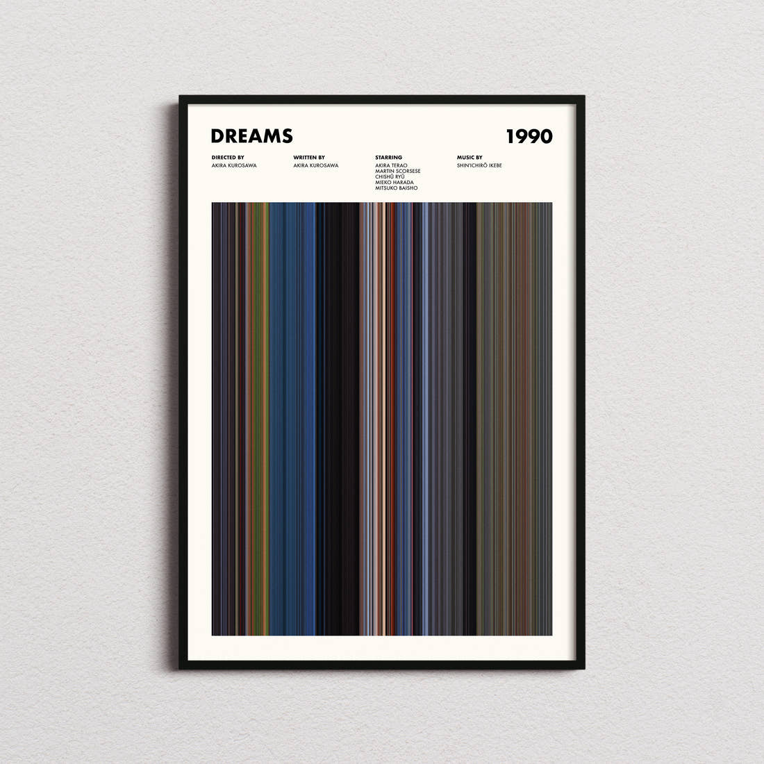 Dreams Movie Barcode Poster framed on a plain studio wall