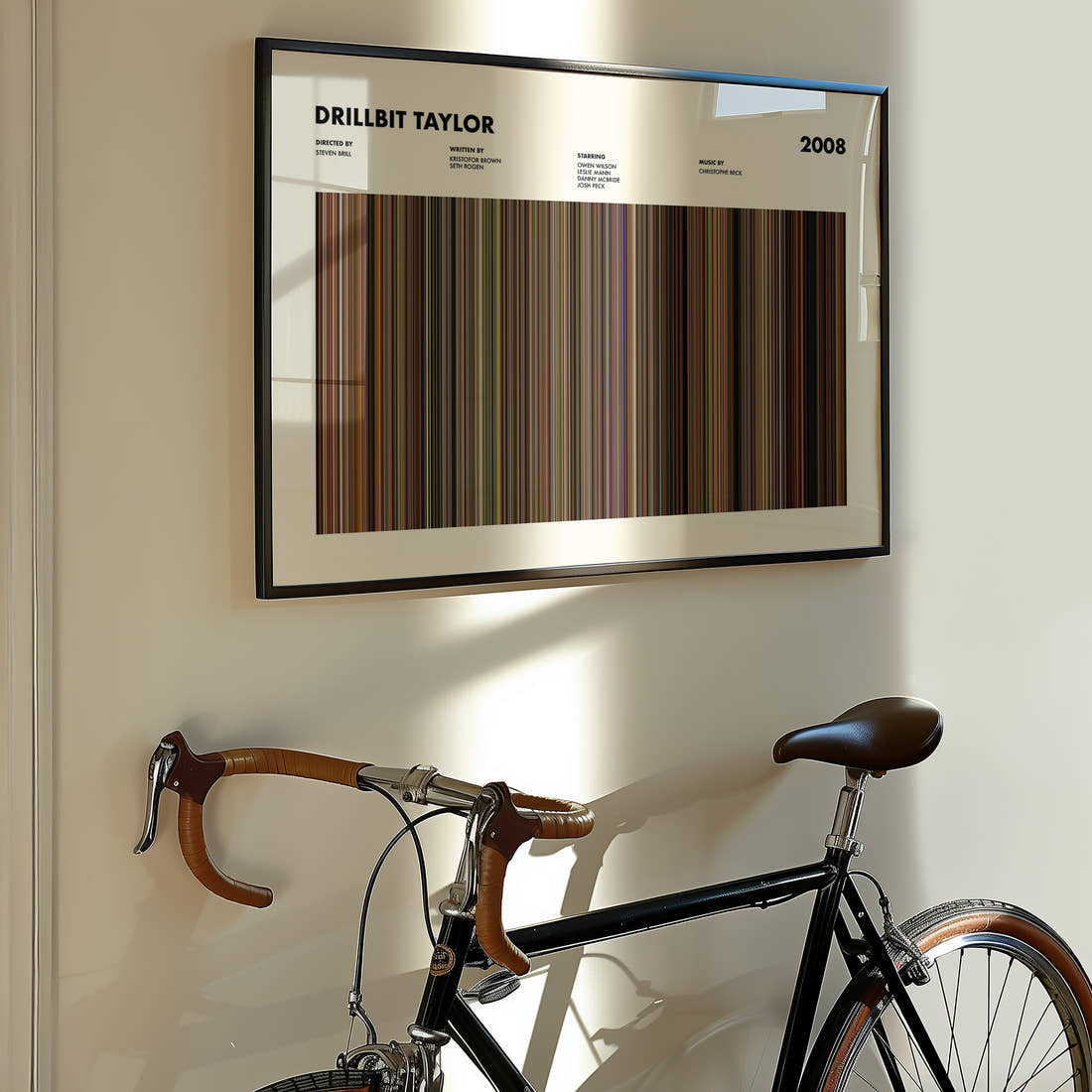 Drillbit Taylor Movie Barcode Poster framed on the wall of a styled room setting