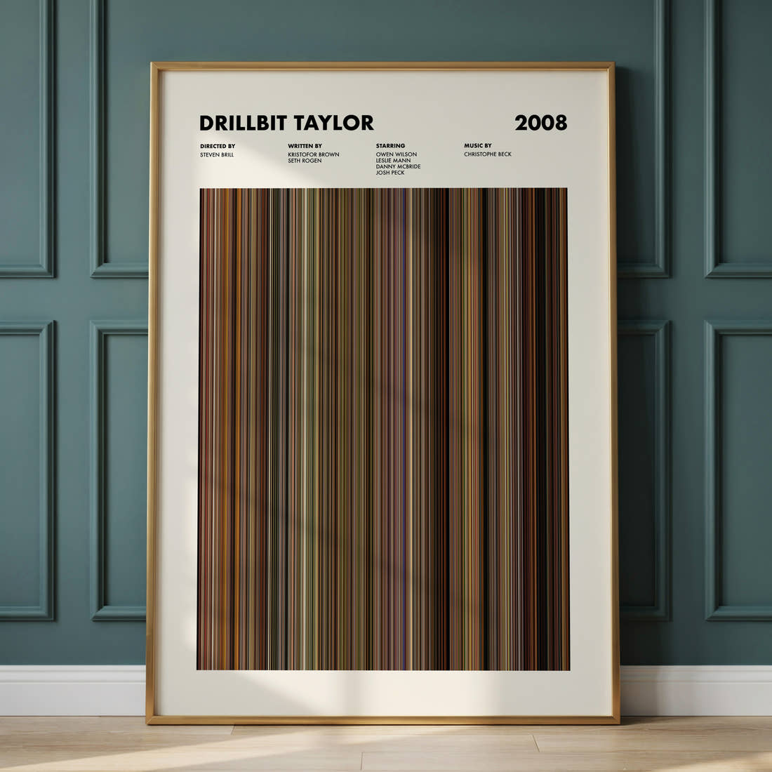 Drillbit Taylor Movie Barcode Poster framed and leaning against a panelled wall