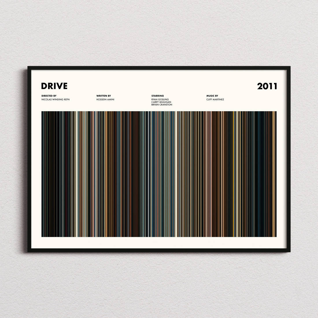 Drive Movie Barcode Poster framed and photographed straight on