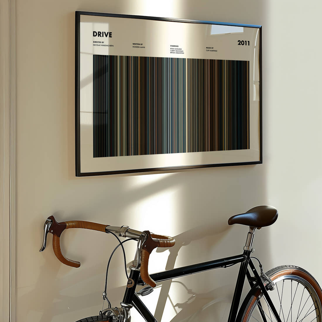 Drive Movie Barcode Poster framed on the wall of a styled room setting