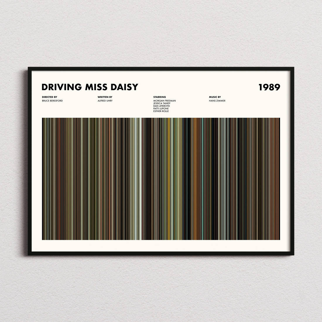 Driving Miss Daisy Movie Barcode Poster framed and photographed straight on