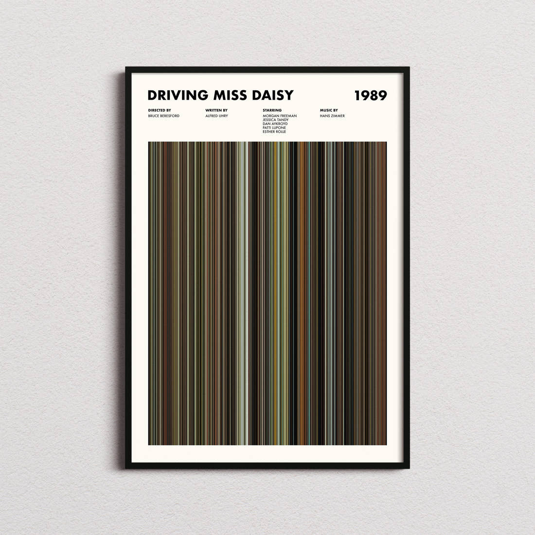 Driving Miss Daisy Movie Barcode Poster framed on a plain studio wall