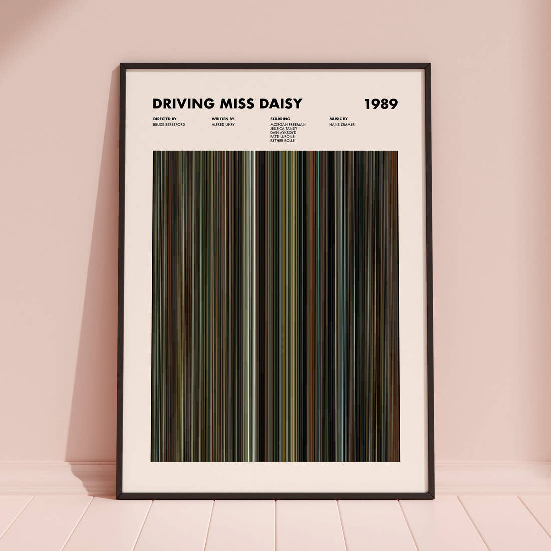 Driving Miss Daisy Movie Barcode Poster framed and leaning against a coloured wall
