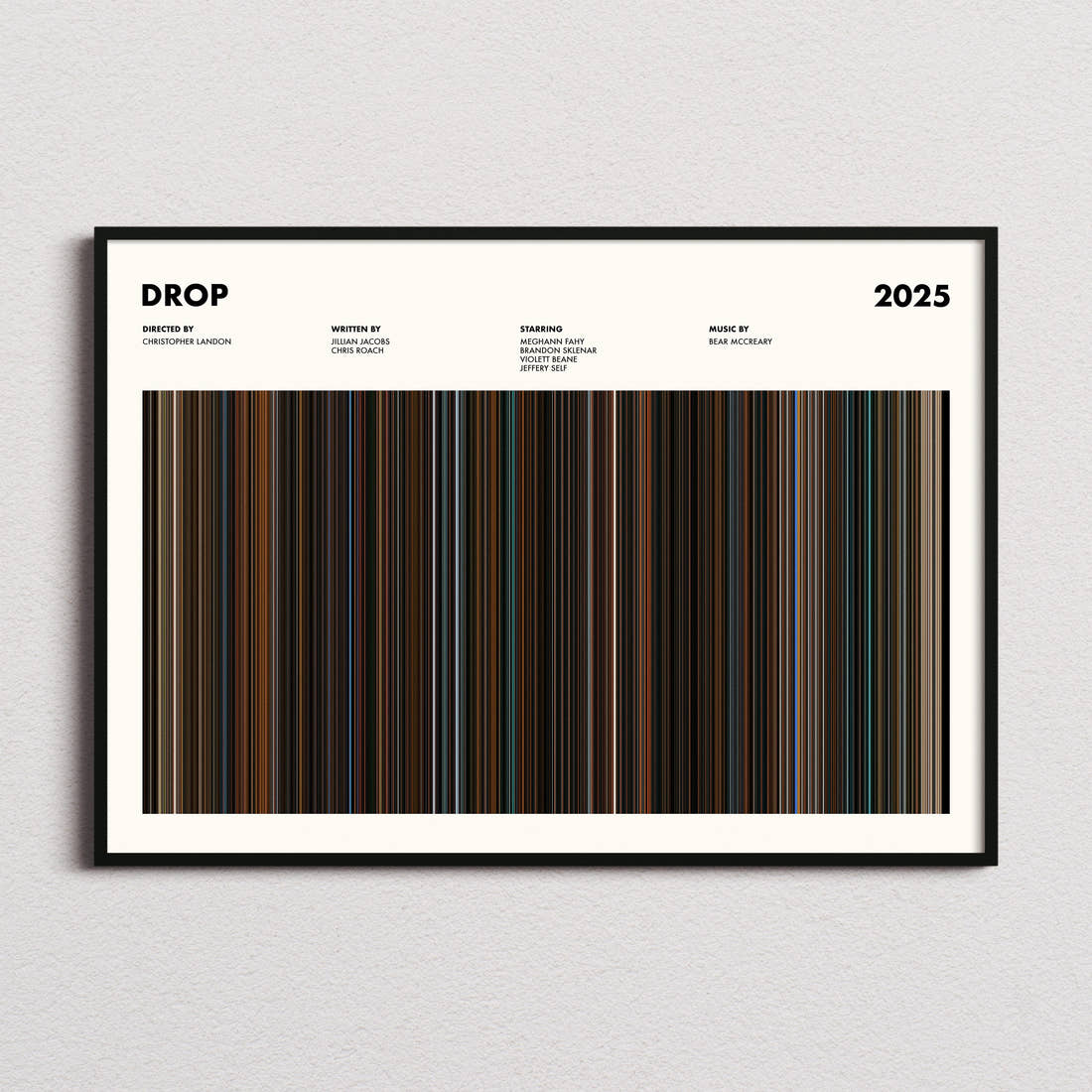 Drop Movie Barcode Poster framed and photographed straight on