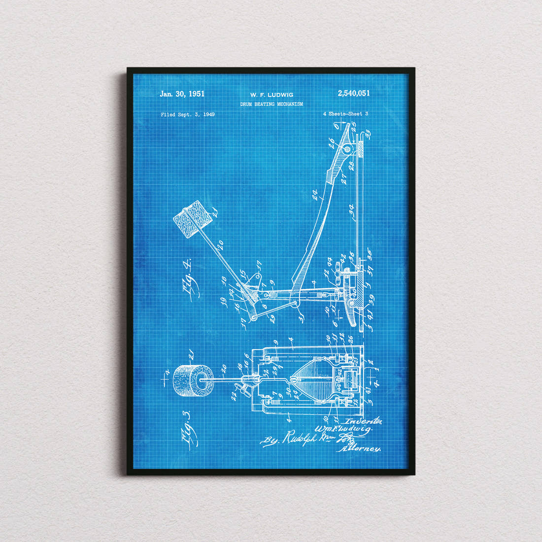 Drum Beating Mechanism Patent Print in the blueprint colourway, framed
