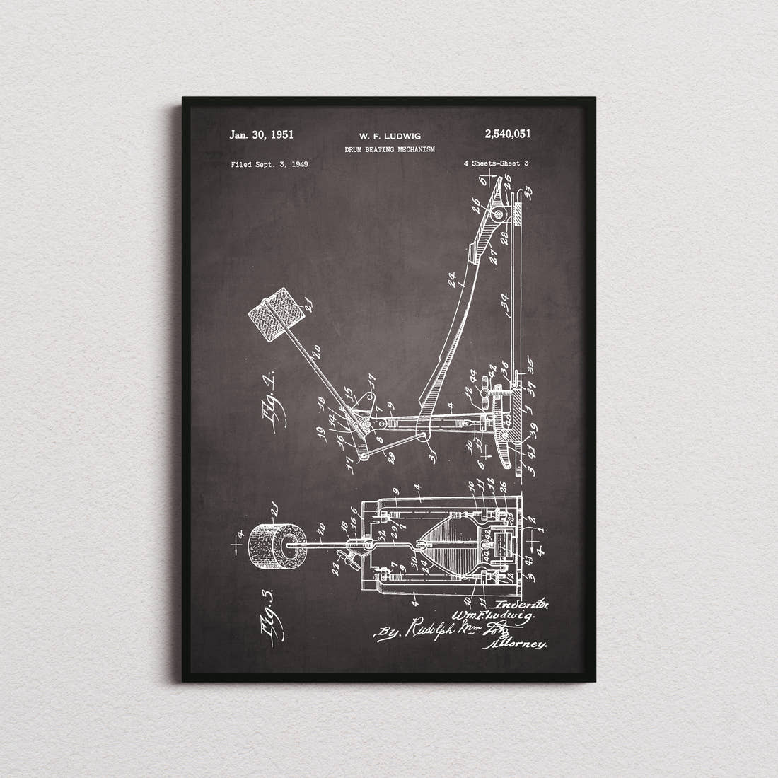Drum Beating Mechanism Patent Print in the blackboard colourway, framed