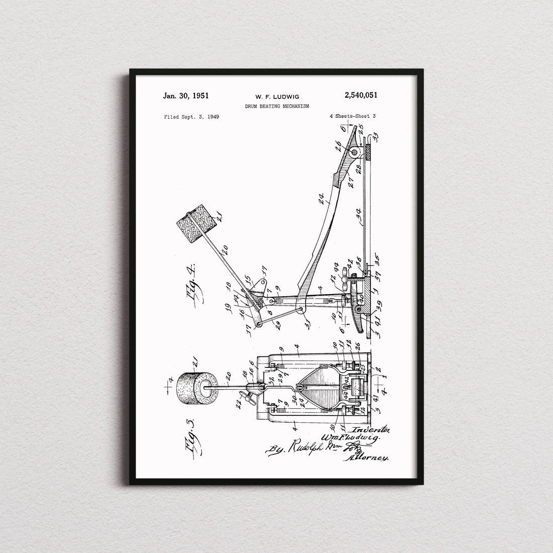 Drum Beating Mechanism Patent Print in the white colourway, framed