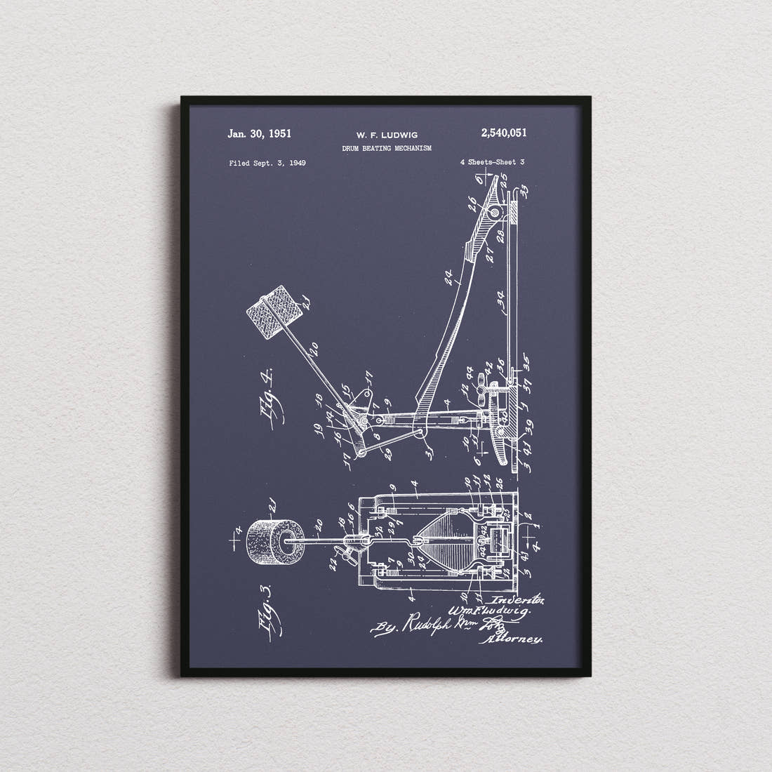 Drum Beating Mechanism Patent Print in the navy colourway, framed