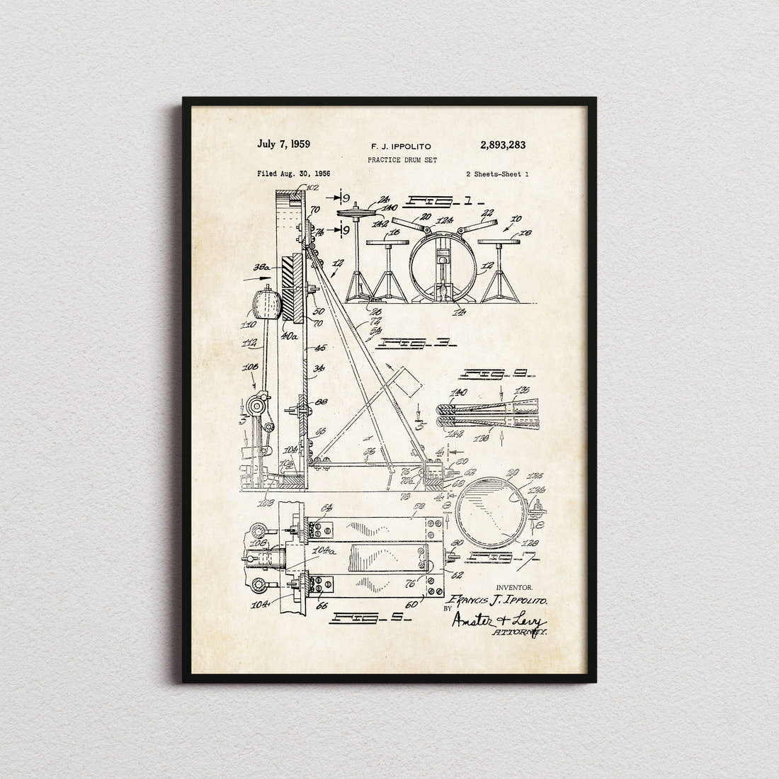 Drum Set Patent Print in the aged paper colourway, framed
