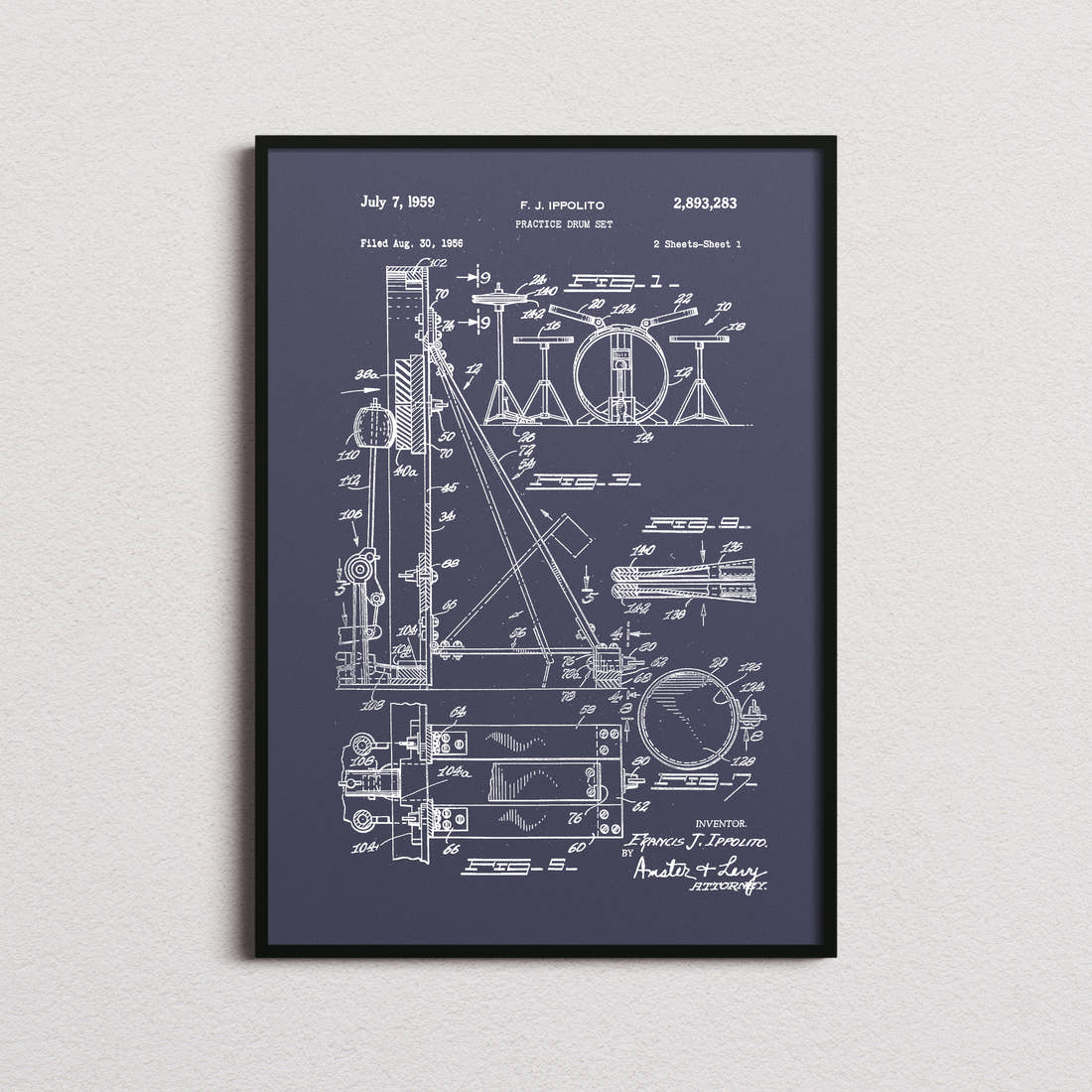 Drum Set Patent Print in the navy colourway, framed
