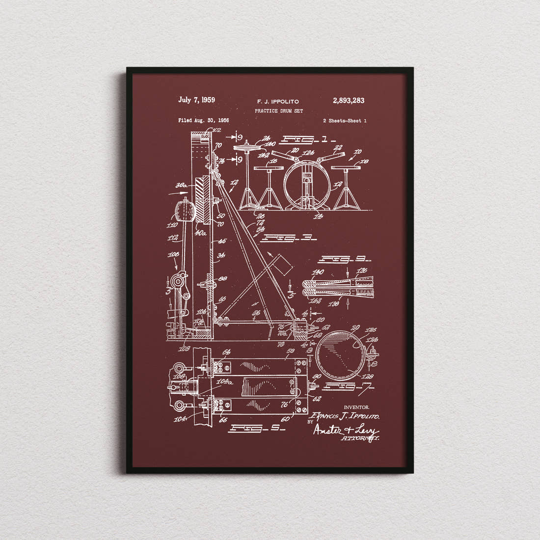 Drum Set Patent Print in the burgundy colourway, framed