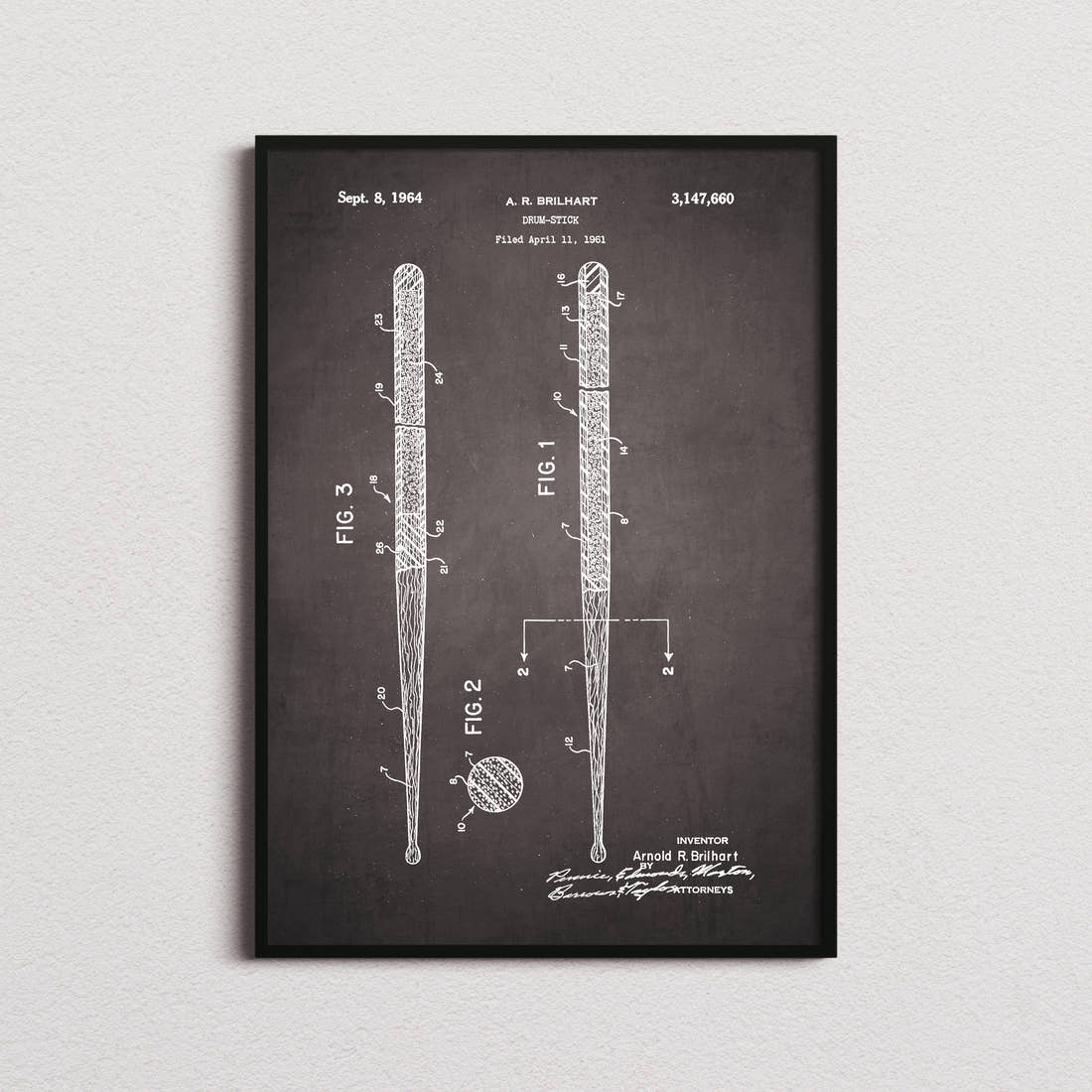 Drum Stick Patent Print in the blackboard colourway, framed